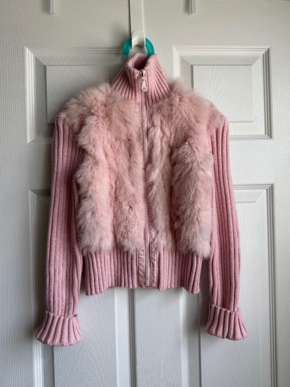 Vintage Y2K Chilly Lilly Pink Fur Knit Jacket Size 10/12 Girls Genuine Fur